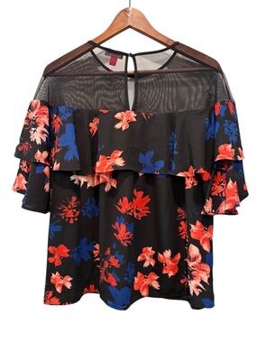 NWT Vince Camuto Floral Ruffle Top in Black with Red & Blue Blooms
